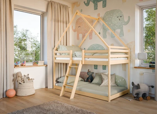 SWEET 90x200 unvarnished wood house bunk bed Lano Furniture