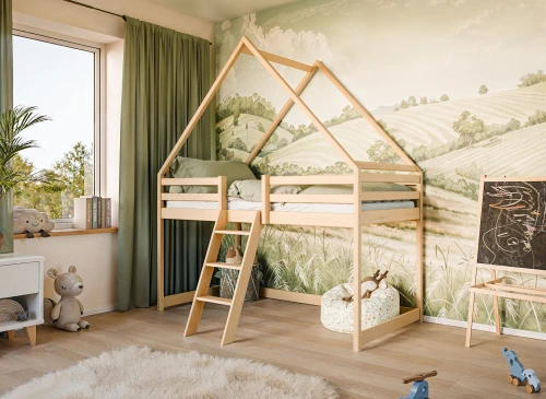 MOON 80x180 unvarnished wood children's house loft bed Lano Furniture