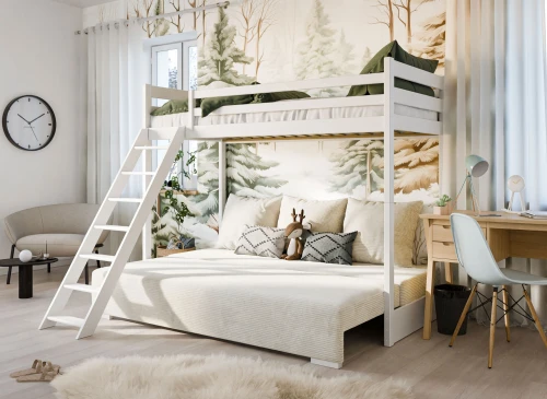 SOFINO 90x200/140x200 white bunk bed with fold-out sofa, beige Poso 38 fabric Lano Furniture
