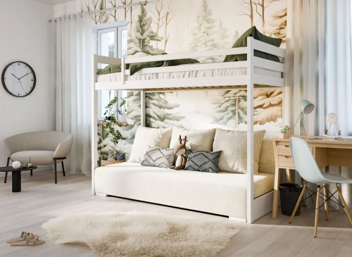 SOFINO 90x200/140x200 blue bunk bed with fold-out sofa, beige Poso 38 fabric Lano Furniture