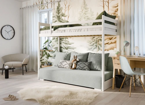 SOFINO 90x200/140x200 blue bunk bed with fold-out sofa, grey Zoom 15 Sage fabric Lano Furniture