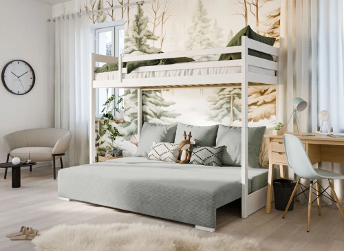 SOFINO 90x200/140x200 blue bunk bed with fold-out sofa, grey Zoom 15 Sage fabric Lano Furniture