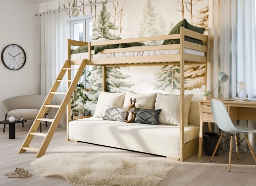SOFINO 90x200/140x200 pine bunk bed with fold-out sofa, beige Poso 38 fabric Lano Furniture
