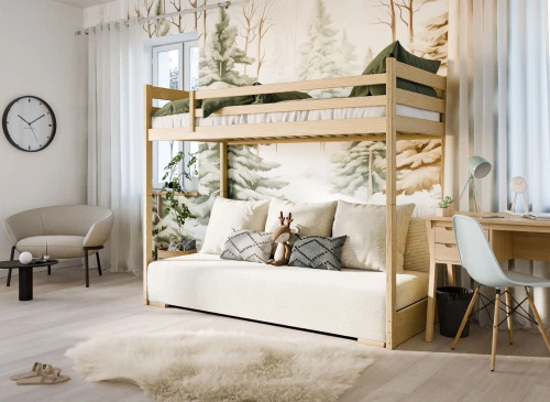 SOFINO 90x200/140x200 pine bunk bed with fold-out sofa, beige Poso 38 fabric Lano Furniture