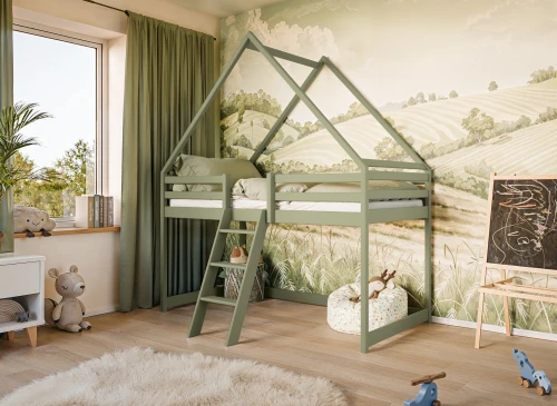MOON 80x180 olive green children's house loft bed Lano Furniture