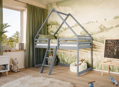 MOON 90x200 grey children's house loft bed Lano Furniture