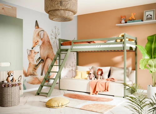 SOFINO 90x200/140x200 olive green loft bed with sleeper sofa beige fabric poso 38 Lano Furniture