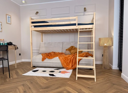 SAVIO 90x200/140x200 blue bunk bed with fold-out sofa, beige perfect harmony 02 fabric Lano Furniture