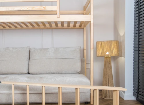 SAVIO 90x200/140x200 pine bunk bed with fold-out sofa, beige perfect harmony 02 fabric Lano Furniture
