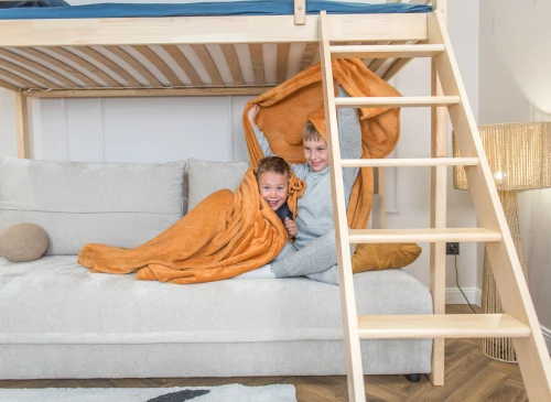 SAVIO 90x200/140x200 pine bunk bed with fold-out sofa, beige perfect harmony 02 fabric Lano Furniture