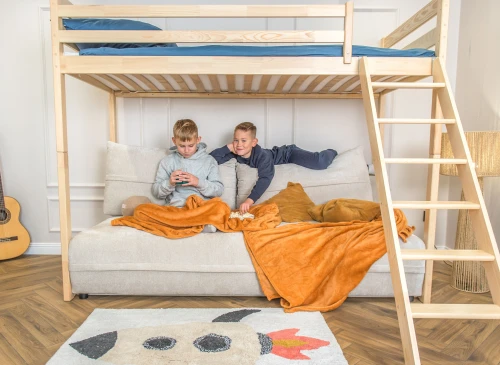 SAVIO 90x200/140x200 pine bunk bed with fold-out sofa, beige perfect harmony 02 fabric Lano Furniture