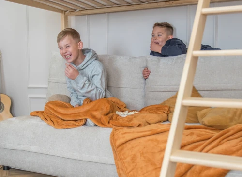 SAVIO 90x200/140x200 pine bunk bed with fold-out sofa, beige perfect harmony 02 fabric Lano Furniture