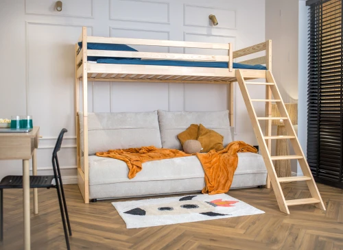 SAVIO 90x200/140x200 pine bunk bed with fold-out sofa, beige perfect harmony 02 fabric Lano Furniture