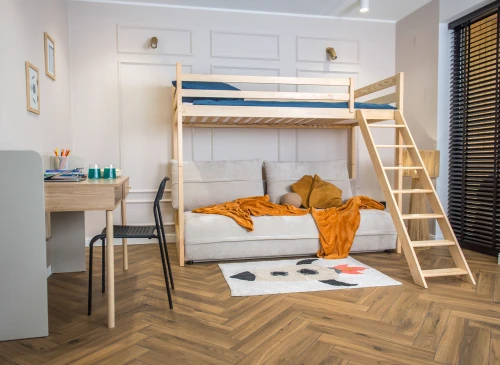 SAVIO 90x200/140x200 pine bunk bed with fold-out sofa, beige perfect harmony 02 fabric Lano Furniture