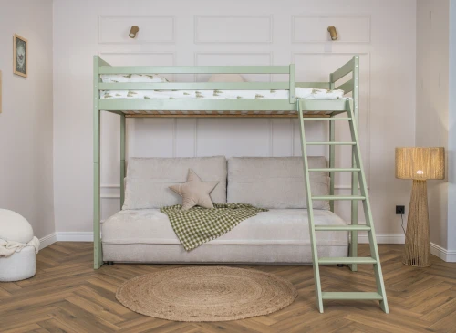 SAVIO 90x200/140x200 olive green bunk bed with fold-out sofa, beige perfect harmony 02 fabric Lano Furniture