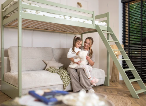 SAVIO 90x200/140x200 olive green bunk bed with fold-out sofa, beige perfect harmony 02 fabric Lano Furniture