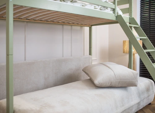 SAVIO 90x200/140x200 olive green bunk bed with fold-out sofa, beige perfect harmony 02 fabric Lano Furniture