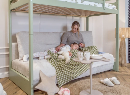 SAVIO 90x200/140x200 olive green bunk bed with fold-out sofa, beige perfect harmony 02 fabric Lano Furniture