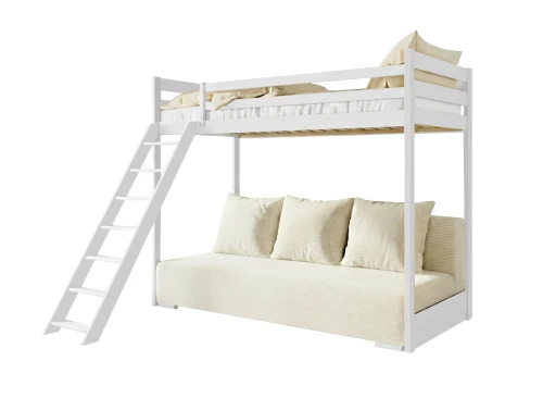 SOFINO 90x200/140x200 white bunk bed with fold-out sofa, beige Poso 38 fabric Lano Furniture