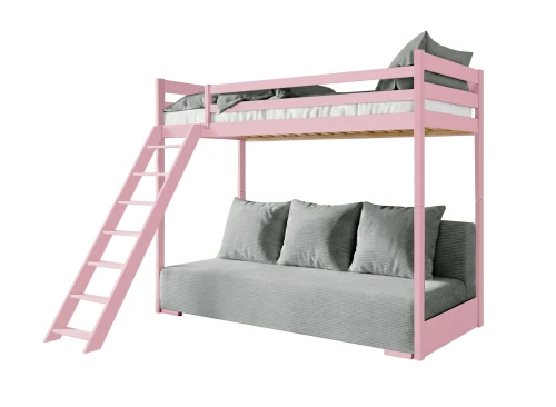 SOFINO 90x200/140x200 pink bunk bed with fold-out sofa, grey Zoom 15 Sage fabric Lano Furniture