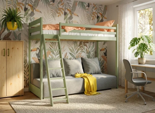 SOFINO 90x200/140x200 olive green loft bed with sleeper sofa beige fabric grey zoom 15 sage Lano Furniture
