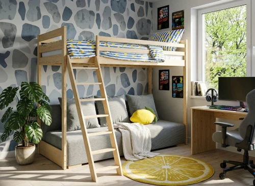 SOFINO 90x200/140x200 pine bunk bed with fold-out sofa, grey Zoom 15 Sage fabric Lano Furniture