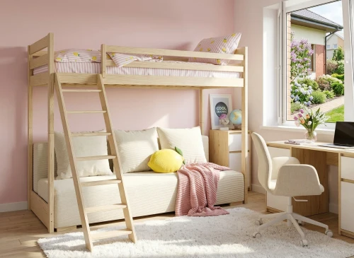 SOFINO 90x200/140x200 pine bunk bed with fold-out sofa, beige Poso 38 fabric Lano Furniture