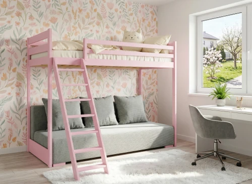 SOFINO 90x200/140x200 pink bunk bed with fold-out sofa, grey Zoom 15 Sage fabric Lano Furniture