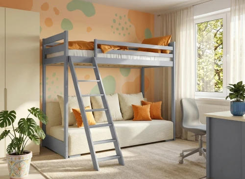 SOFINO 90x200/140x200 grey bunk bed with fold-out sofa, beige Poso 38 fabric Lano Furniture