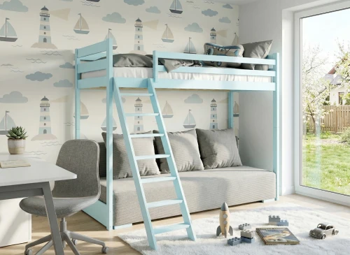 SOFINO 90x200/140x200 blue bunk bed with fold-out sofa, grey Zoom 15 Sage fabric Lano Furniture
