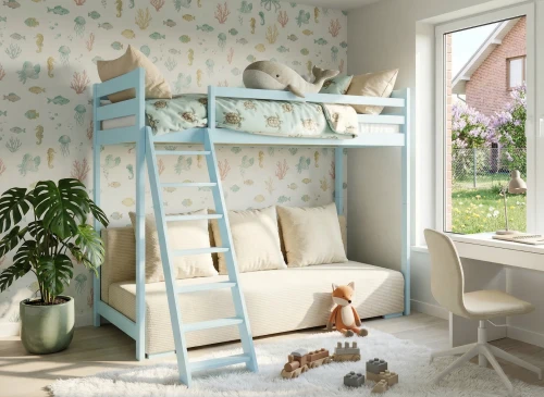 SOFINO 90x200/140x200 blue bunk bed with fold-out sofa, beige Poso 38 fabric Lano Furniture