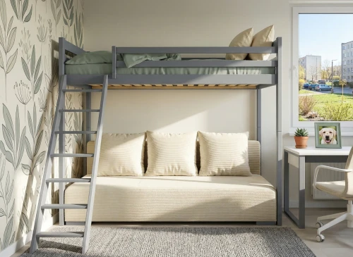 SOFINO 90x200/140x200 graphite bunk bed with fold-out sofa, beige Poso 38 fabric Lano Furniture