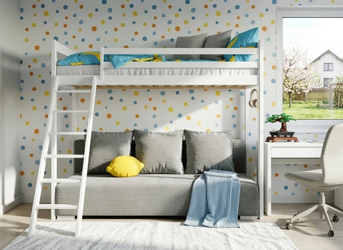 SOFINO 90x200/140x200 white bunk bed with fold-out sofa, grey Zoom 15 Sage fabric Lano Furniture