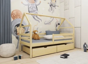 ARON 80x190 Unvarnished Wooden Children's Single Bed House - Lano Furniture
