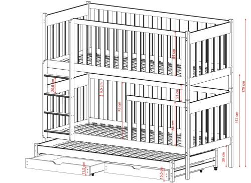 EMILKA 90x180 Unlacquered Wood Bunk Bed Lano Furniture