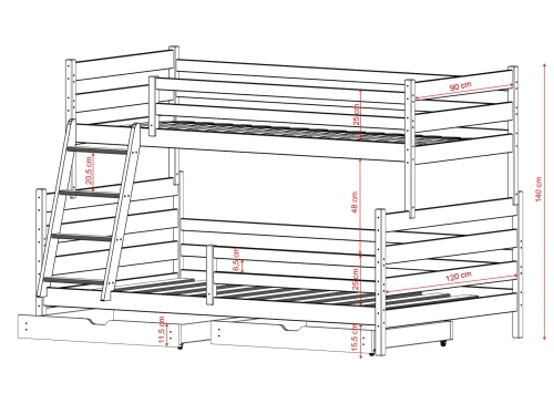 FAMI 90x200/120x200 Untreated Wood Bunk Bed with Wider Berth | Lano Furniture