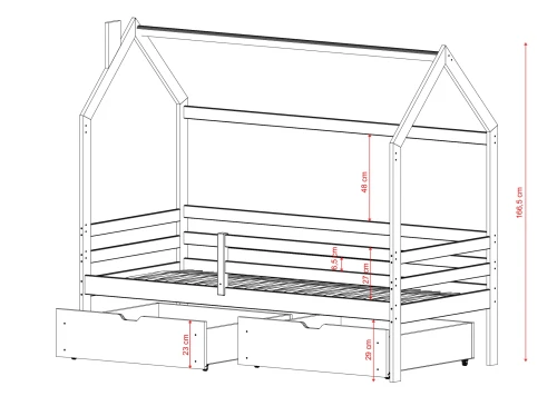 LILA 80x180 Unvarnished Wooden Children's Single House Bed - Lano Furniture