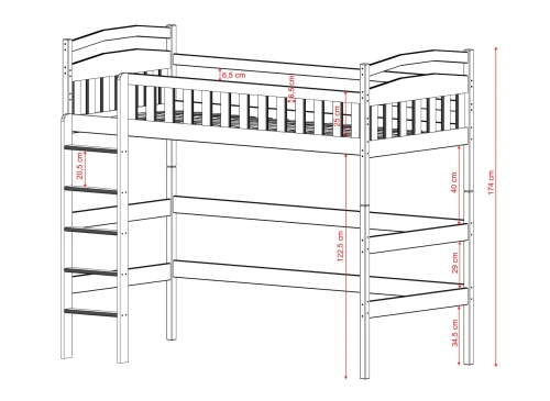 MIA 80x170 Unvarnished Wood Single Loft Bed Lano Meble
