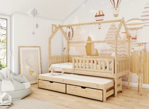 MONKEY 90x180 Boyasız Ahşap Yavrulu Ev Yatak Lano Mobilya