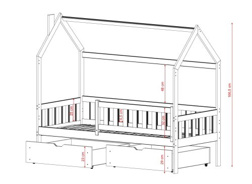 NATAN 80x190 Unvarnished Wood Children's Single Bed House Lano Furniture