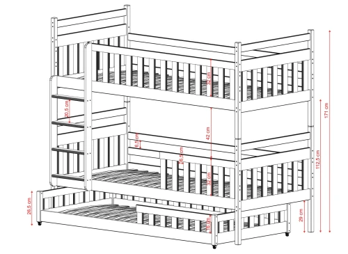 OLIWIA 80x160 Unvarnished Wood Triple Bunk Bed | Lano Furniture