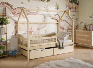 OSKAR 80x190 Unvarnished Wood Single House Bed for Kids | Lano Meble
