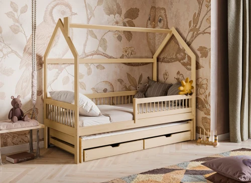 PAPI 80x180 Unvarnished Wooden Children's House Bed