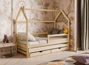 PAPI 90x190 Natural Unlacquered Wood Children's House Bed - Lano Furniture