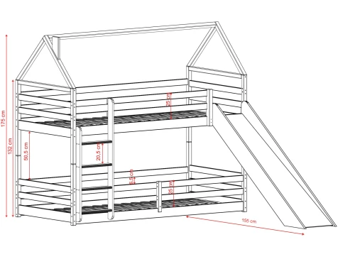 PLAY 80x180 Unpainted Wood House Bunk Bed with Slide | Lano Furniture