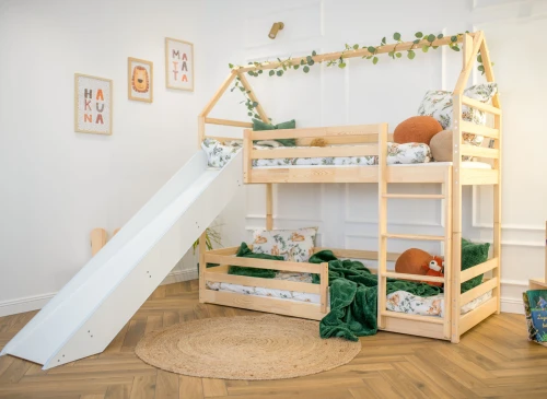 PLAY 80x180 Unpainted Wood House Bunk Bed with Slide | Lano Furniture