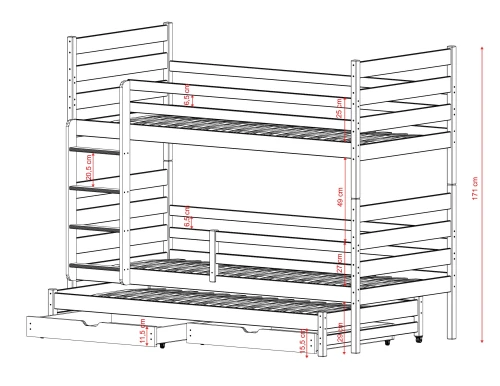 TOMI 80x190 Unvarnished Wood Bunk Bed Lano Furniture
