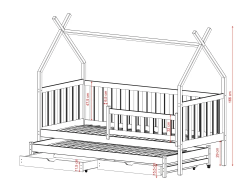 TYTUS 80x190 Untreated Wood Double Pull-Out Tipi Bed Lano Meble