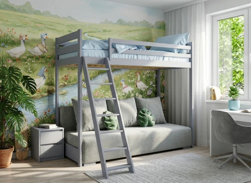 SOFINO 90x200/140x200 grey bunk bed with fold-out sofa, grey Zoom 15 Sage fabric Lano Furniture