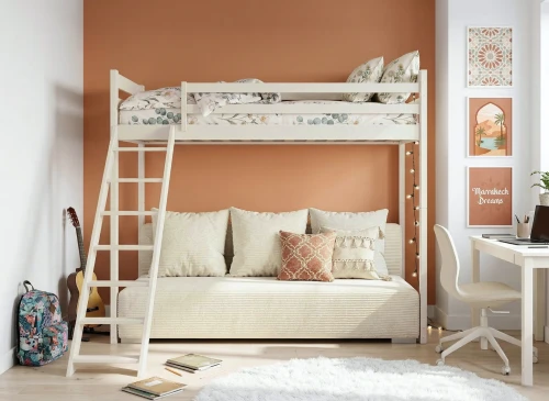 SOFINO 90x200/140x200 Cotton White Loft Bed with Fold-out Sofa, Beige Poso 38 Fabric, Lano Meble